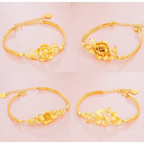 Retro Style Carved Flower Chain Charm Bracelet Women Wedding Bangles Bracelets Gold Color Bride Female Bracelet