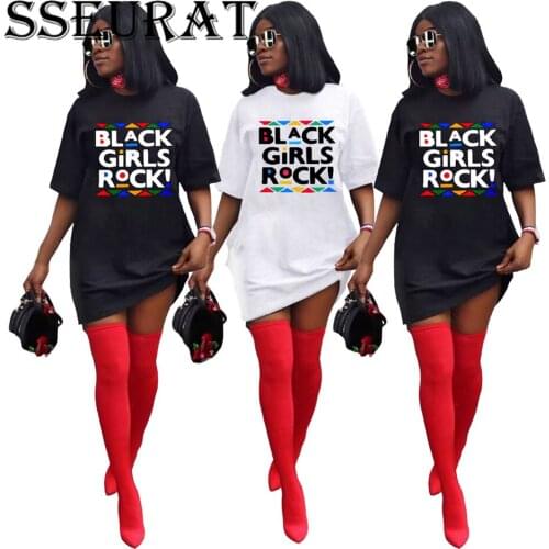 SSEURAT Casual Short Sleeve Summer Women Dress 2021 New Basic Loose Round Neck Letter Print Dip Hem T-Shirt Dress