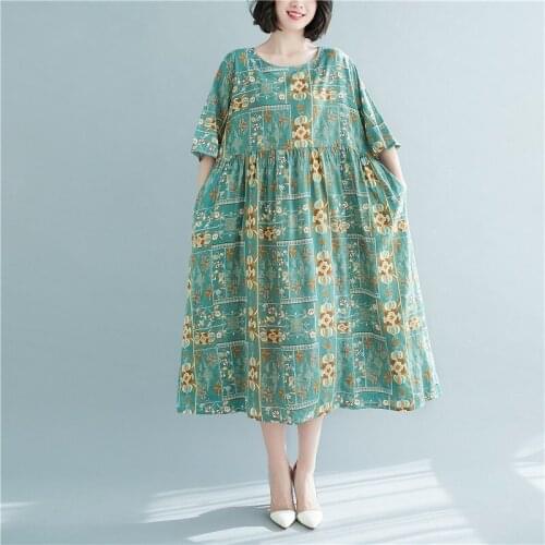 Women Cotton Linen Casual Dress New Arrival 2021 Summer Freely Style Vintage Print Loose Comfortable Female Long Dresses S3785