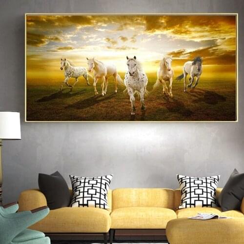 Animals Sunset Seven Horses Running on The Grassground Canvas Paintings Posters and Prints on The Wall Art Pictures Home Decor