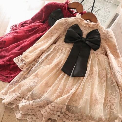 Winter Lace Flower Girls Dress Big Bow Kids Dresses for Girls Full Sleeve Children Clothing New Year Party Princess Dress
