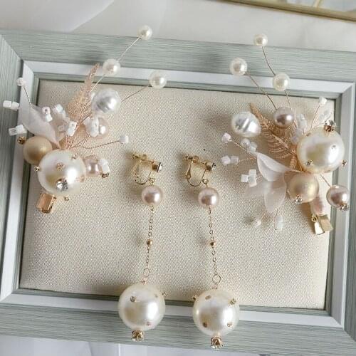 2020 Korean Super Fairy Sweet Pearl Bridal Headwear barrettes earrings sets Headdress Wedding Hair Accessories
