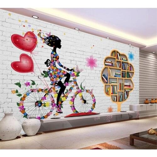 Large Fresco Cafe Bar Background Wallpaper Sofa Background Walls Creative Fashion White Brick Wall Bookcase TV Background Wall