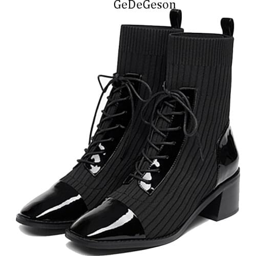 Ankle Boots Women Light Cowhide Leather and Knitting Fiber Chelsea Slim Shoes Fashion Design Famous Stars Popular in this Season
