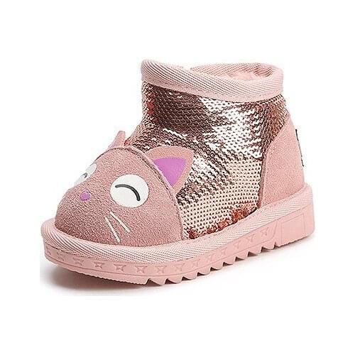 Genuine Cow Leather Baby Snow Boots Girls Shoes Sequins Cute Cat Thick-Wool Kid Winter First Walkers Prewalker Russia Style Zip