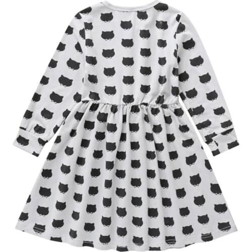 Children Cute Dress Kid Personality Cat Printing Long Sleeve Girl Splicing O-neck Autumn Breathable Cotton Swing Dresses
