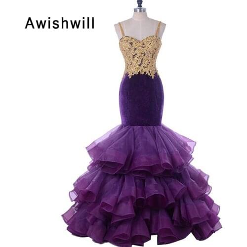 New Purple Long Evening Dress Mermaid Spaghetti Strap Gold Lace Organza Velvet African Prom Dress Vestidos de Fiesta de Noche