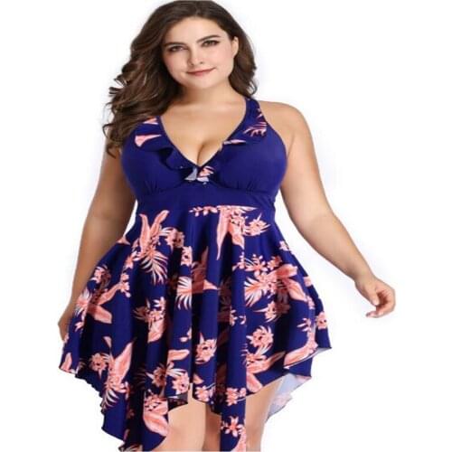 Add fat plus size swimsuit European and American cover belly solid color print skirt type split swimsuit