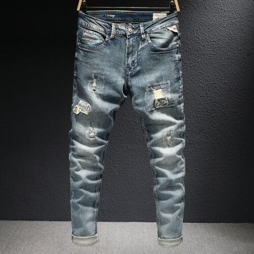 European Street Fashion Men Jeans Retro Blue Elastic Slim Fit Ripped Jeans Men Destroyed Distressed Designer Denim Punk Pants