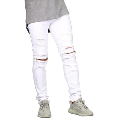 Fashion Men Knee Zipper Jeans Design Casual Stretch Destroyed Ripped Skinny Jeans For Men trousers