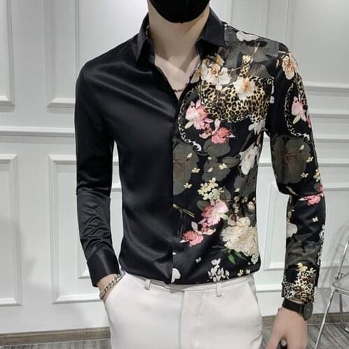 2021 Newest ​men shirt Side Colorful Flowers Printed Long Sleeve Shirt with Polyester Spandex Material and Turn Down Collar