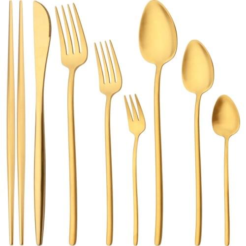 304 Stainless Steel Dinnerware Set Matte Gold Cutlery Set Knife Cake Fork Spoon Chopsticks Silverware Kitchen Flatware Tableware