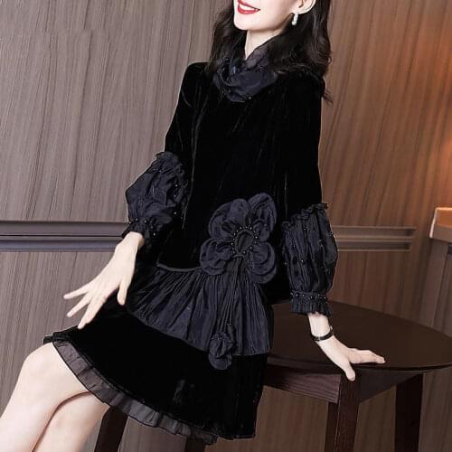 2021 spring and autumn new womens Hepburn style little black dress foreign gold velvet dress
