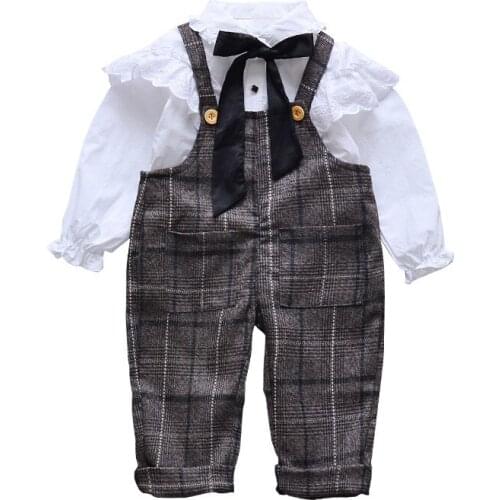 Girls Clothes Long Sleeve Blouse Shirt Overall Pants Vintage Baby Girls European American plaid bib Clothing Set Spring Suit
