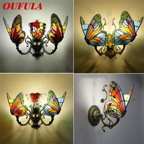 OUFULA Tiffany Wall Lights Sconces Modern LED Butterfly Lamps Indoor Fixture For Home Decoration
