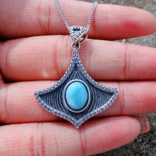 High Quality Antique Style 925 Sterling Silver Natural Larimar Silver Manta Ray Pendant Necklace For Gift