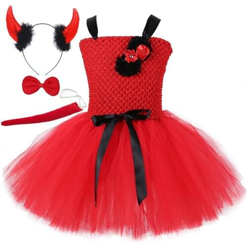 Devilkin Tutu Dress for Girls Halloween Carnival Party Clothes Kids Fancy Dress Up Bull Horn Demon Devil Cosplay Costume 1-14Y