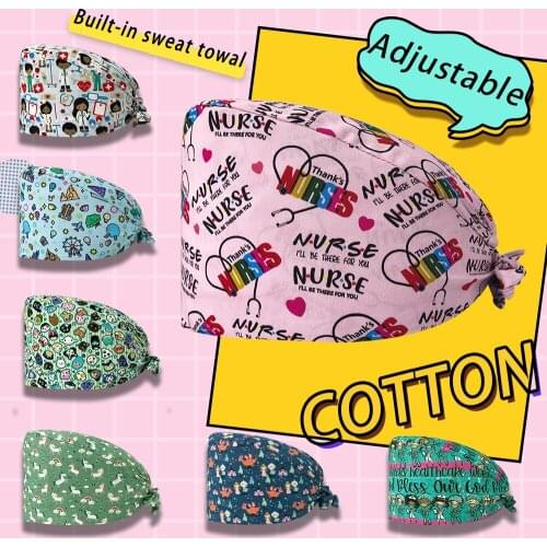 Clearance Pattern Scrub Cap Washable Sweatband Beautician Dust Proof Scrub Caps 100% Cotton Spa Scrub Caps Tie Back Working Hat