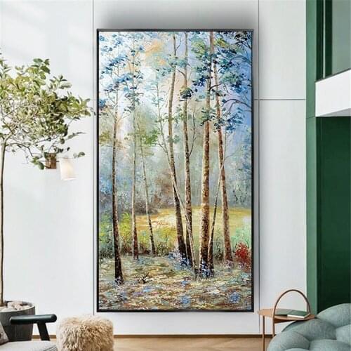 Hand Painted Large Canvas Painting Birch Forest Living Room Wall Decor Pictures Handmade Tree Landscape Oil Painting