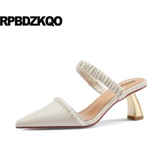 Slingback high heels pearl women girls pointed toe shoes celebrity mary jane stiletto pumps suede scarpin chic beige metal strap