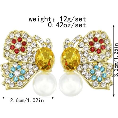 Crystal Pearl Stud Earrings For Girls Newest Fashion Cute Shiny Butterfly Inlaid Wedding Party Jewelry Gift Wholesale