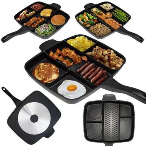 5 in 1 Fry Pan Divided Grill Fry Oven Meal Skillet 15" Black Fryer Pan Non-Stick
