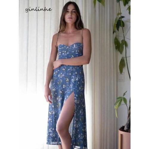 Yinlinhe Blue Strap Tied Slim Long Dress Backless High Split Summer Dress Elastic Waist French Niche Style Party Dresses 2004
