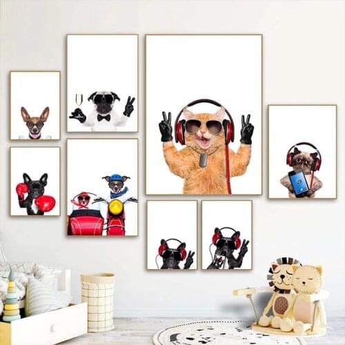 Funny Animal Wearing Headphones Wall Art Poster Cute Cat Dog Canvas Print Painting Nordic Kids Baby Room Decoration Pictures