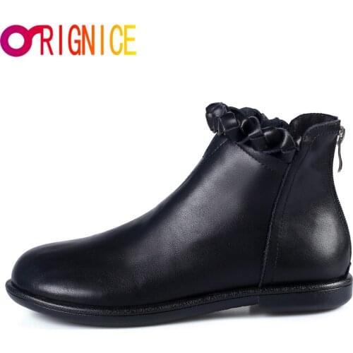 Orignice Women Ankle Boots Graceful Vintage Soft Sheepskin Round Toe Woven Low Heels Zipper Autumn Comfortable Party Shoes