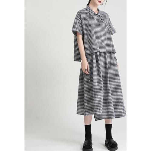 Johnature Irregular Plaid Dresses For Women 2021 Summer New Loose Turn-down Collar Short Sleeve Multi-way Female Dress