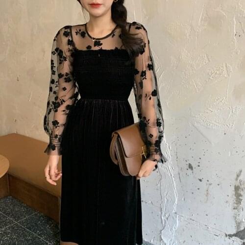 Floral Embroidery Mesh Patchwork Velvet Dress Women High Waist Korean Party Dress Long Spring Elegant Black Slim Fit Pleated