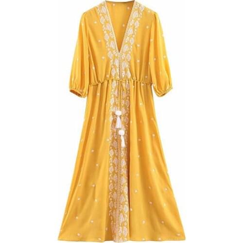 Summer Dress Woman 2020 New Long Dresses Tassel Lantern Sleeve Vintage Loose Embroide Boho Dress Bohemian Dress For Women DD2471