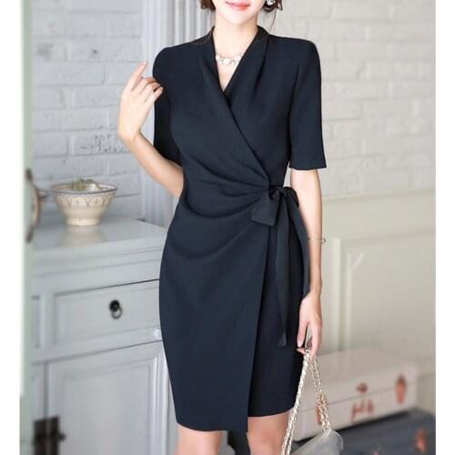 2021 New Korean Big Yards Designer Stylish And Elegant Office Commuter V-Neck Short Sleeve Dress Slim Waist Dark Belted Qarty