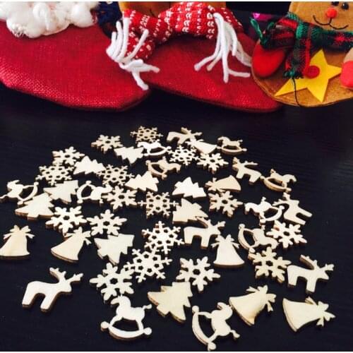 50pcs/lot 6 Designs 20mm Natural Wood Christmas Ornaments Reindeer Tree Snow Flakes Rocking Horse Xmas Bells DIY Decorations