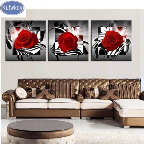 5D DIY Diamond Painting 3 Piece Red Rose still life Full Square/ Round Diamond embroidery Cross stitch Diamond crystal pictures