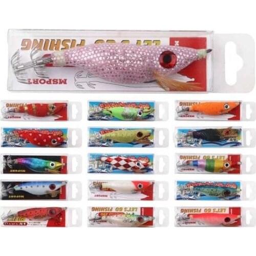 60PCS Squid Jig Fishing Baits 9G/10CM Boxed Wood Shrimp Fishing Lure Squid Cuttlefish Jigs Lures