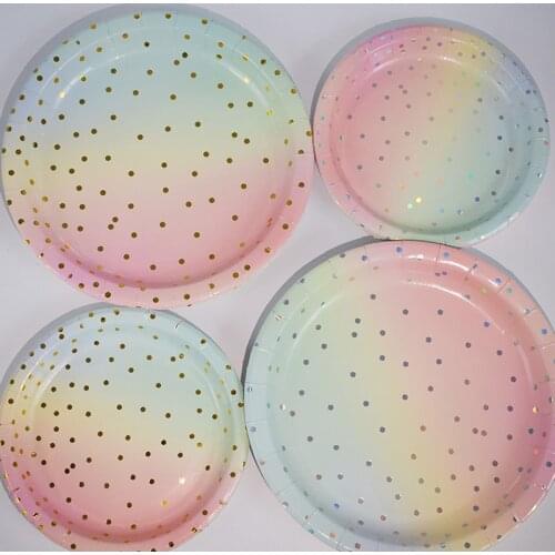 8 Pc Rainbow Foil Gold Dot Unicorn Party Decoration Cake Dish Disposable Paper Plates Cups Birthday Mermaid Party Favors