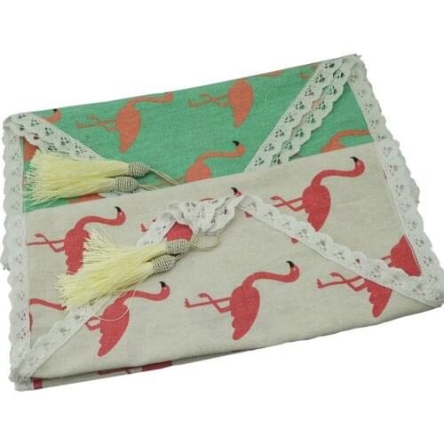 White/Green Linen Cotton Printed Flamingo Tassel Table Runners Home Table Supplies Christmas Wedding Birthday Party Table Runner