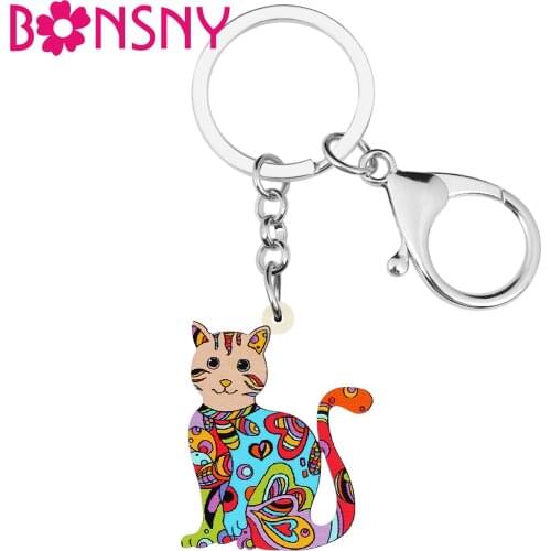 BONSNY Acrylic Cute Floral Sitting Cat Kitten Keychains Ring Novelty Purse Car Key Chain Party Jewelry For Women Girls Gifts