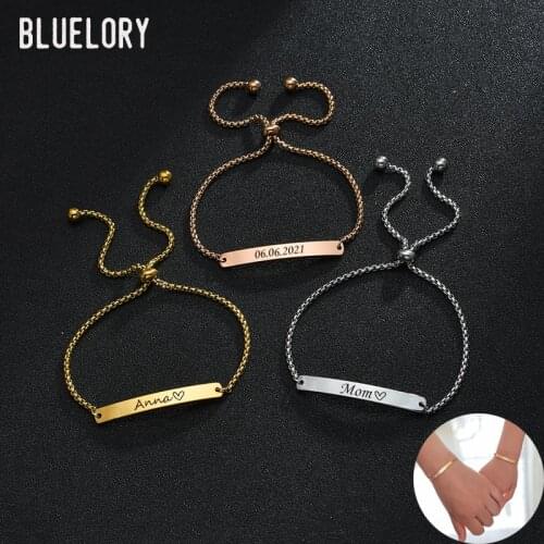 Bluelory Customized Mom Children Name Bar Bracelets Adjustable Stainless Steel Custom Jewelry For Women Girl Gifts