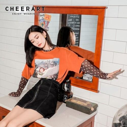 CHEERART Fake 2 Piece Graphic T Shirts Mesh Long Sleeve Top Women Tshirt Loose Fashion T Shirt Orange Tee Shirt Femme Clothing