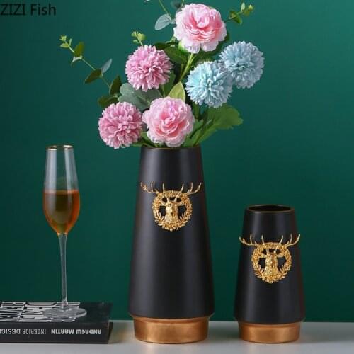 Modern Embossed Deer Head Ceramic Vase Flower Arrangement Gold-plated Hydroponic Flower Vase Wedding Decoration Home Decoration