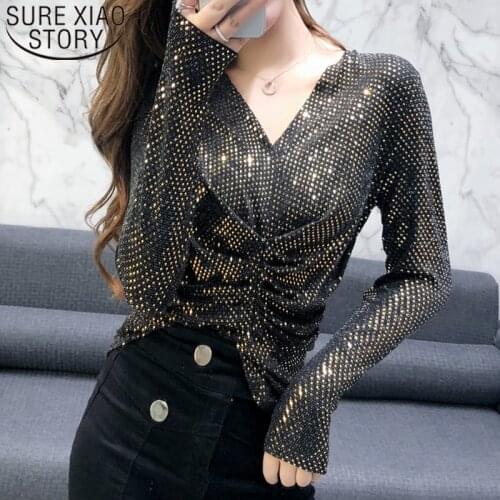 Korean 2021 New Fashion Tight Women Tops and Blouses Long Sleeve Bright Sequins Sexy Clothes Backing Slim Women Shirts 8494 50