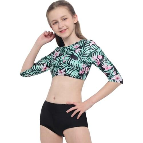 2Pcs Kids Girls Summer Floral Print Sport Suit Running Gym Yoga Set Long Sleeve Open Upper Back Crop Top Boyshorts Set Sportwear