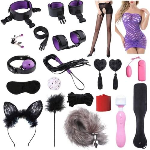 Nylon bondage suit SM sexy leather 19 pieces of adult health toys handcuffs handcuffs whip rope couple sex toys sexy underwear