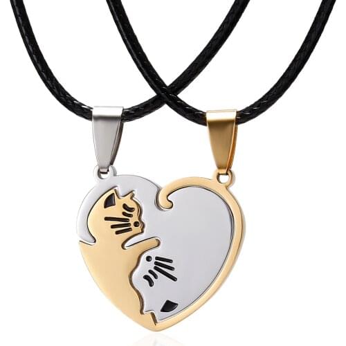 Cute Animal Cat Heart Necklace Leather Rope Choker Stainless Steel Couple Necklace For Lover Friendship Boy Girls Birthday Gift