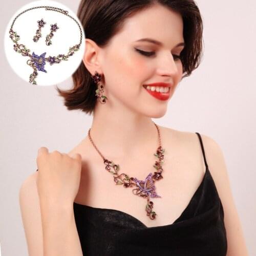 Necklace Fashion Alloy Earrings Set Rhinestone Enamel Flower Pendant Butterfly