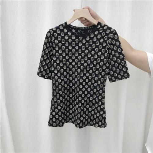 Spring Womens High quality floral strench Knitted T-shirts A670