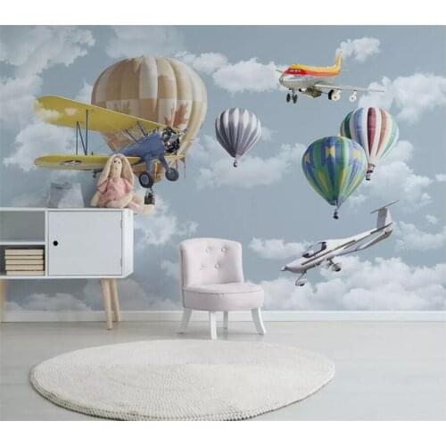 Wellyu Nordic minimalist hand-painted wallpaper cartoon airplane balloon childrens room TV background custom 3d photo wallpaper