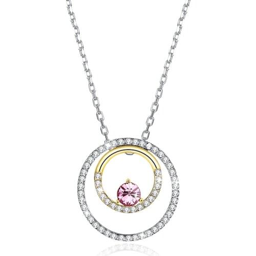 ZEMIOR Sterling Silver 925 Jewelry Double Circle Full Cubic Zircon Pendant Necklaces For Women Pink Austria Crystal Necklace